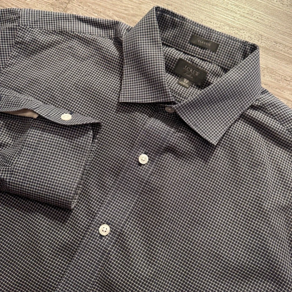 J Crew Ludlow Shirt Mens 15.5 34 Blue Micro Check Cotton Stretch Classic Preppy